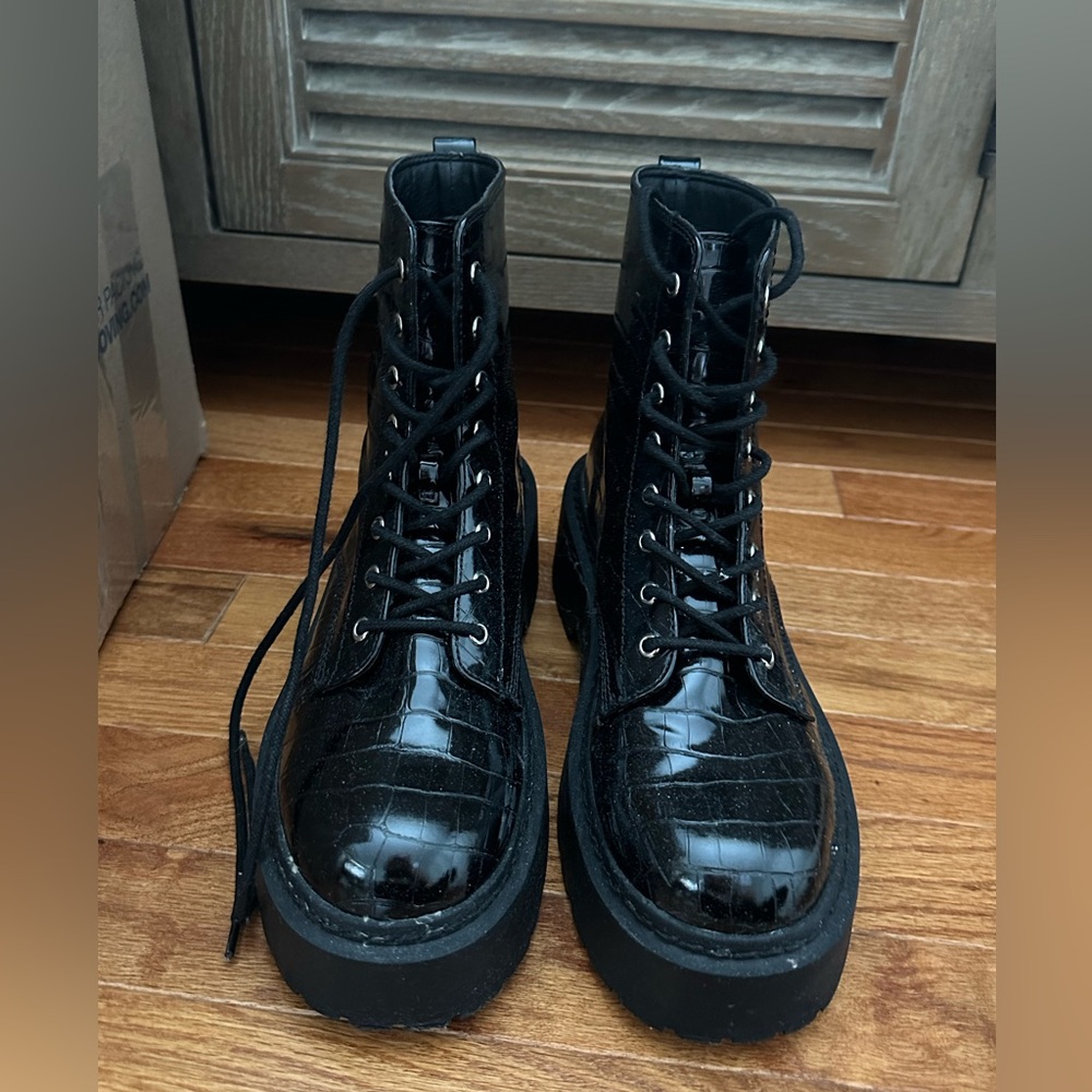 Steve Madden patent croc print combat boots